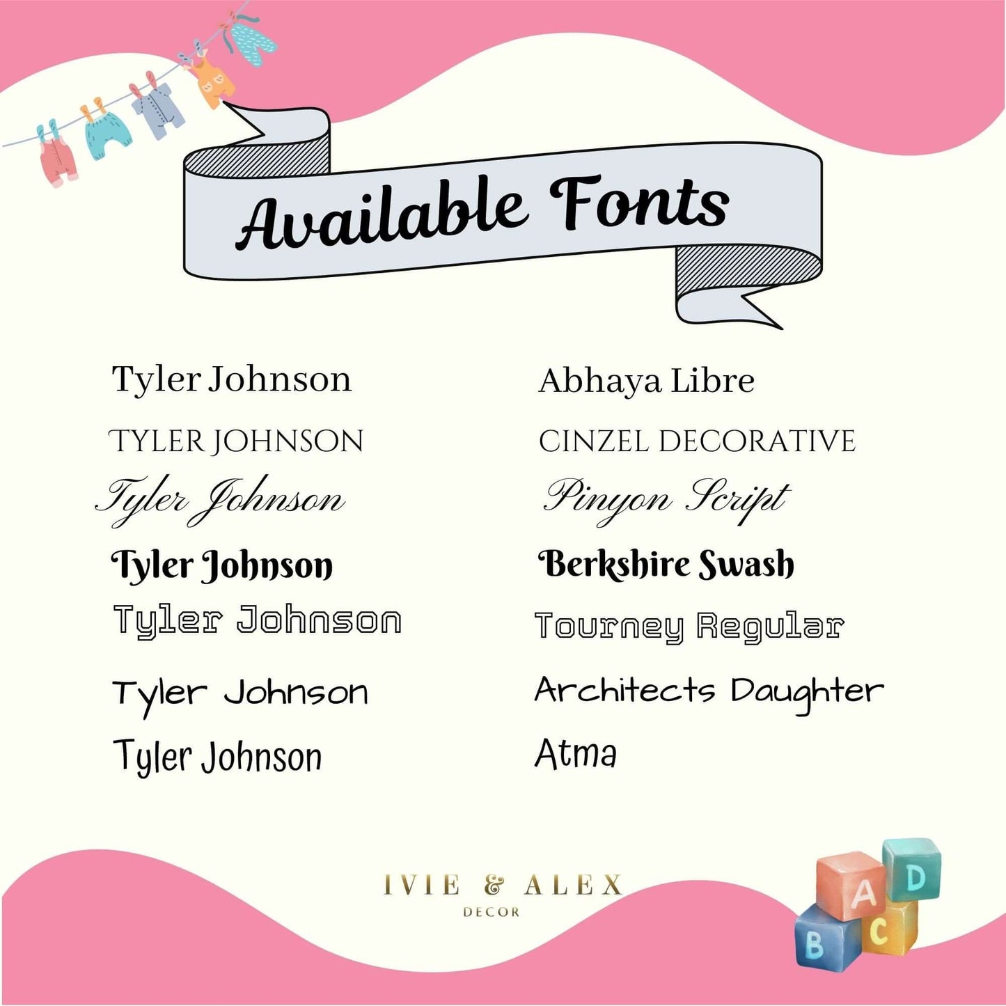 Available fonts including Tyler Johnson, Abhaya Libre, and Cinzel Decorative for the Personalized Striped Baby Blanket For Boys or Girls