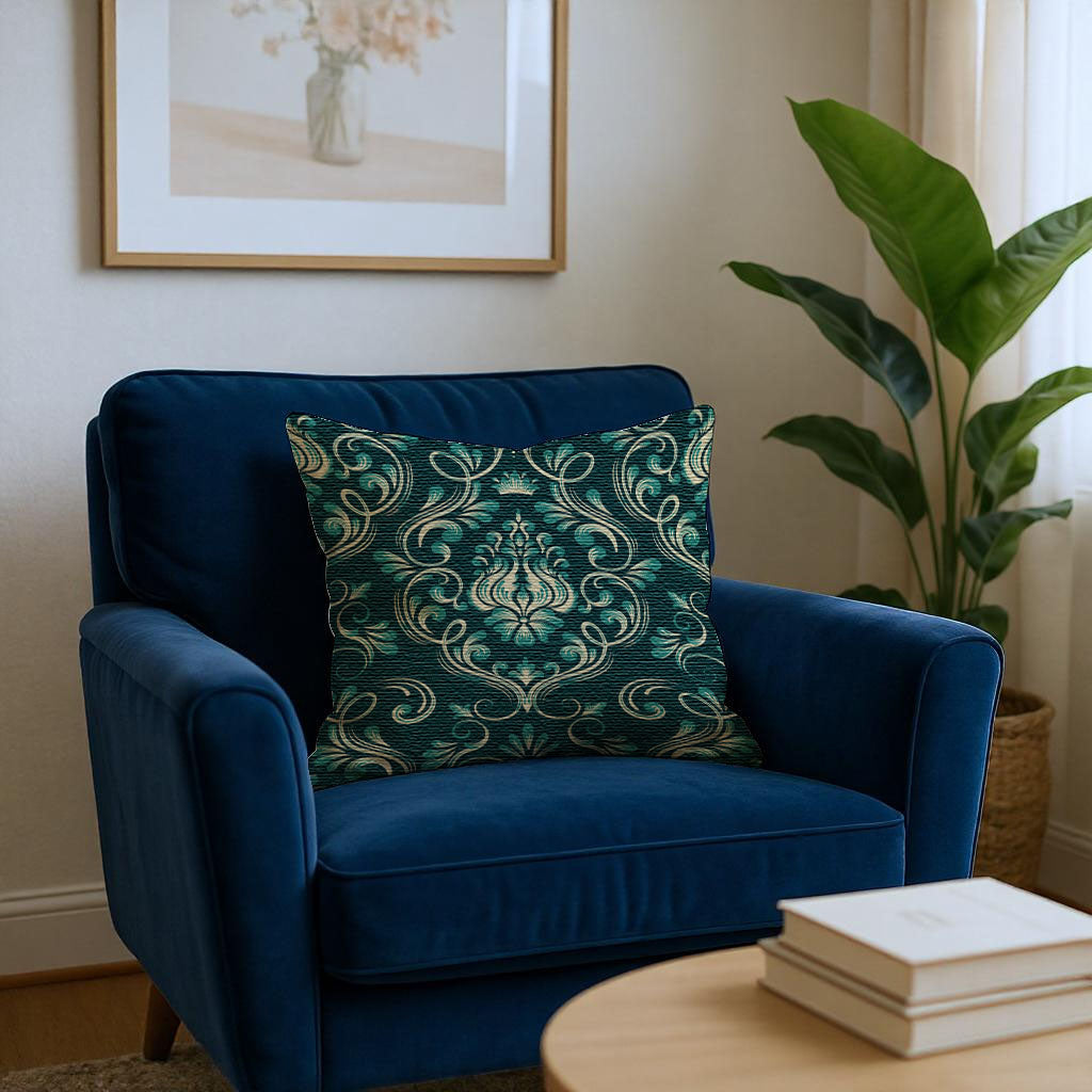 Dark Green Floral Damask Woven Pillow on a blue armchair