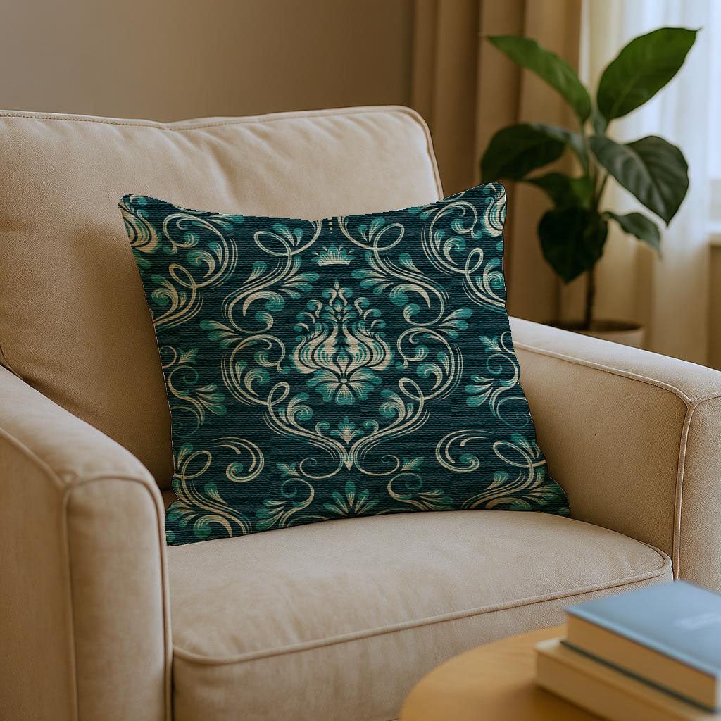 Dark Green Floral Damask Woven Pillow