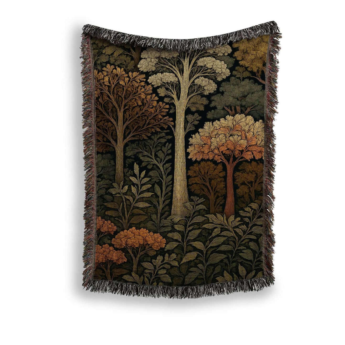 Autumn Forest Woven Blanket with Fringes featuring fall trees and foliage in warm colors.