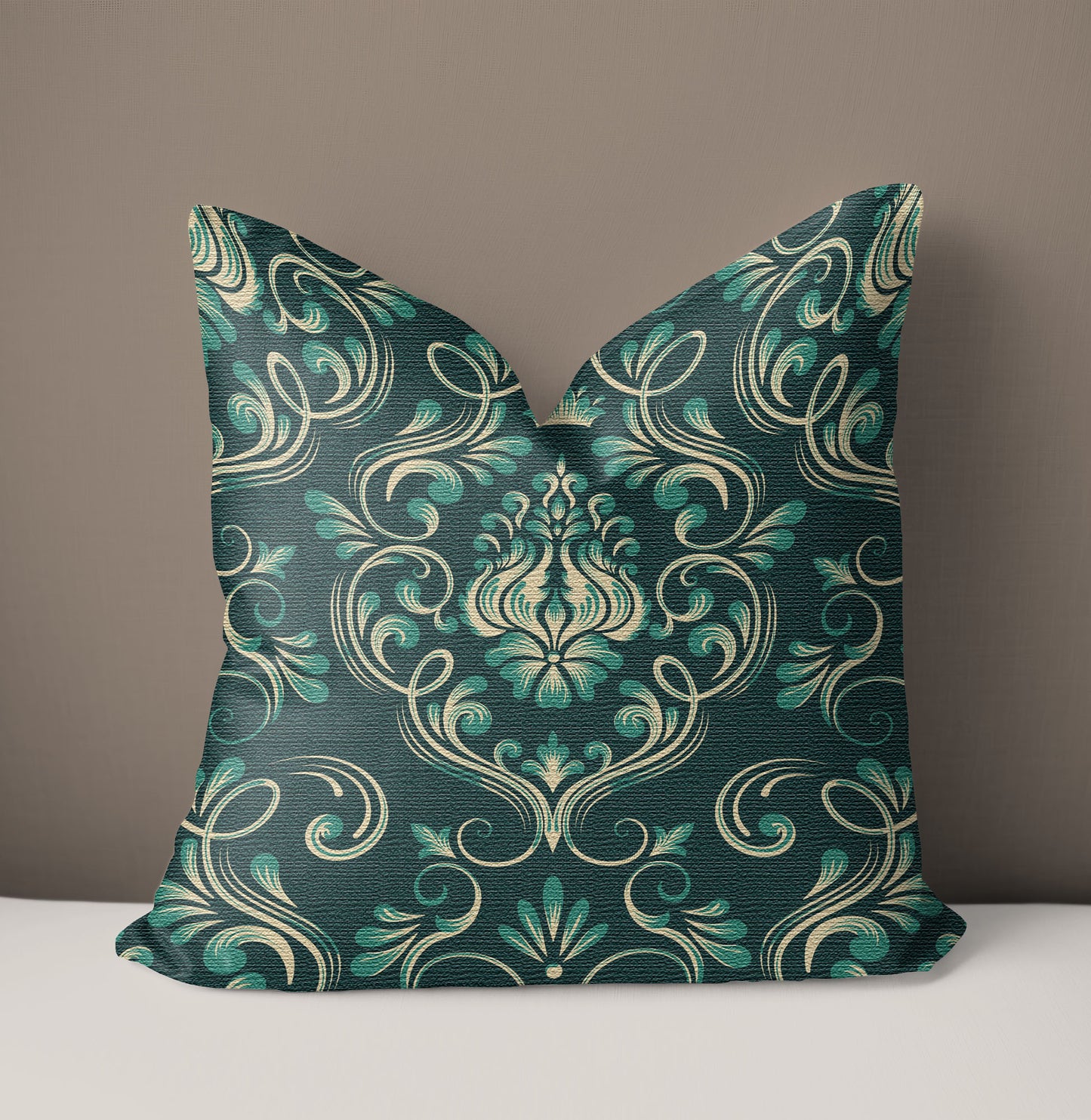Dark Green Floral Damask Woven Pillow on a white surface with a taupe background
