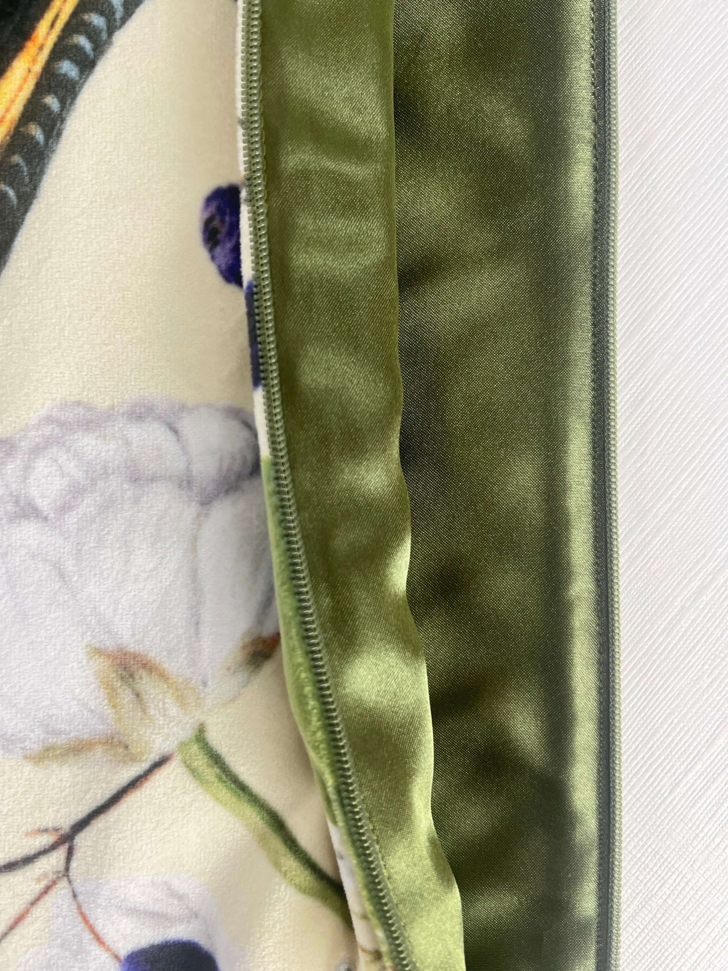 peacock floral print on beige pillow with satin lining
