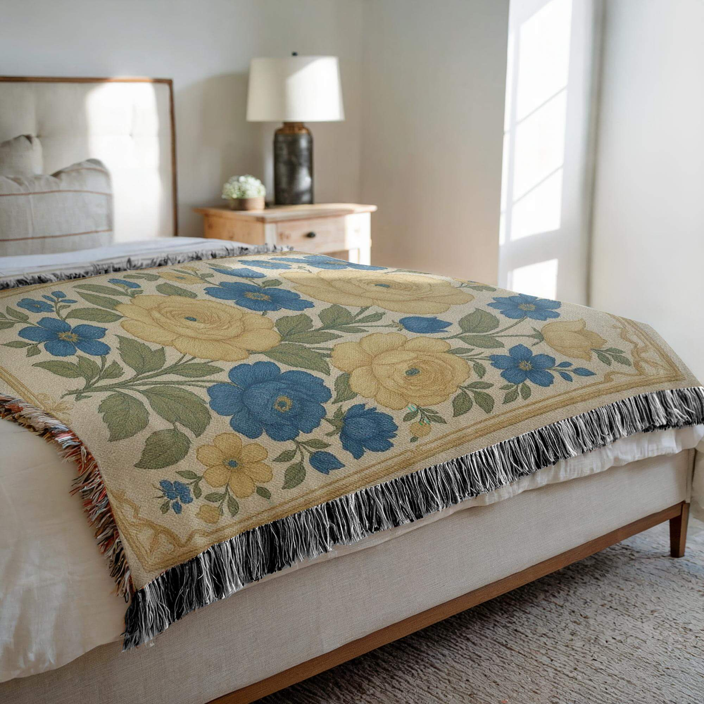 Yellow and Blue Floral Woven Blanket Tapestry