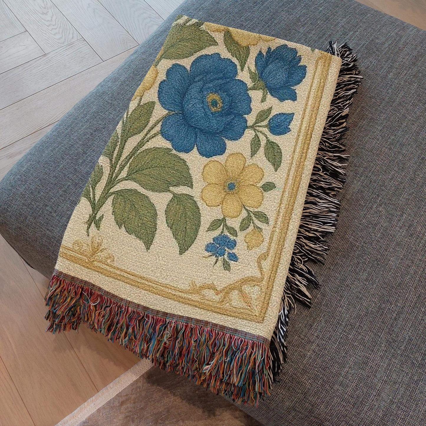 Yellow and Blue Floral Woven Blanket Tapestry