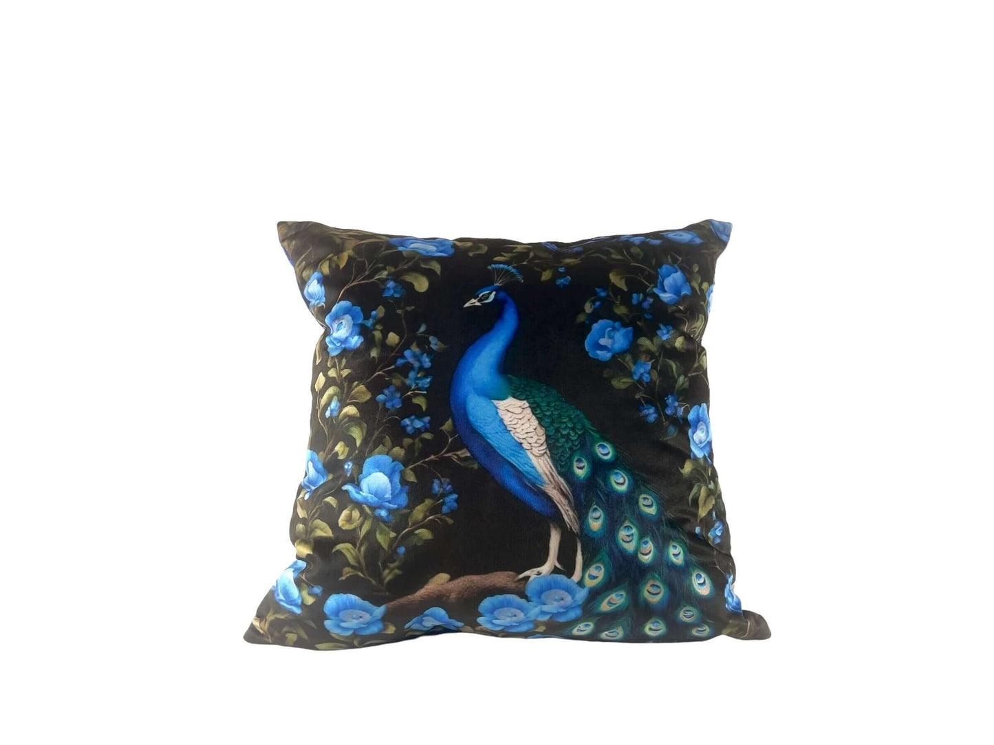 Handmade Peacock Velvet Pillow Cover in Black and Blue, Decorative Throw.