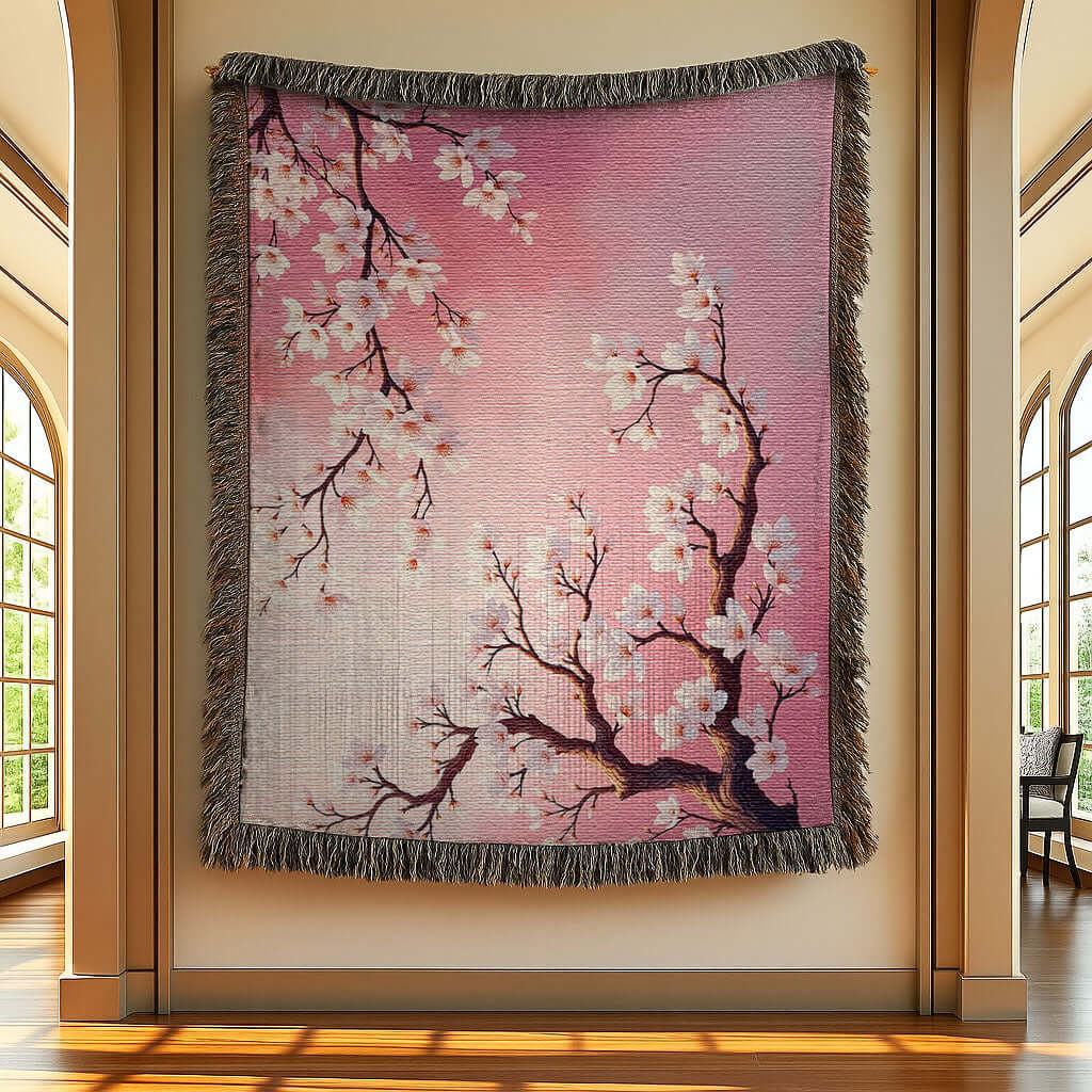 Pink Almond Blossom Woven Blanket hanging on a gallery wall.