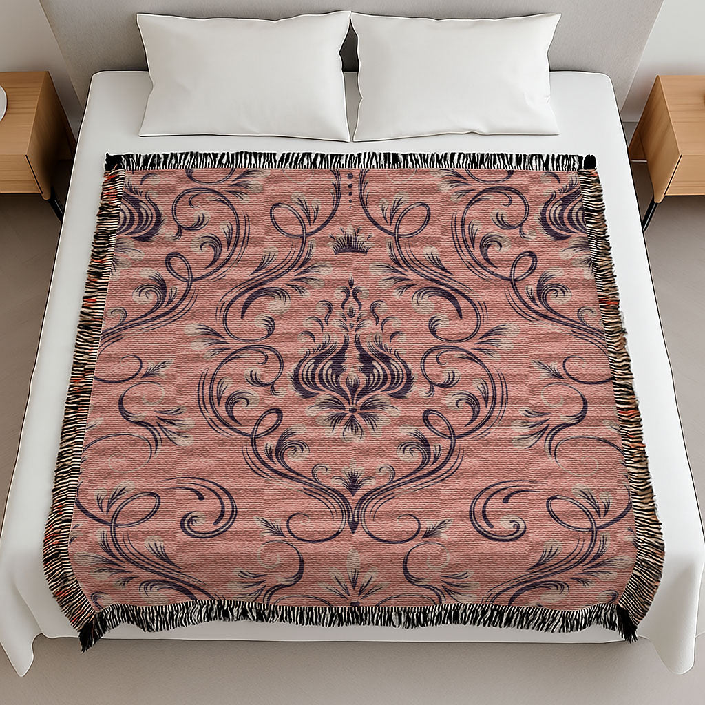 Pink And Navy Floral Damask Woven Pillow