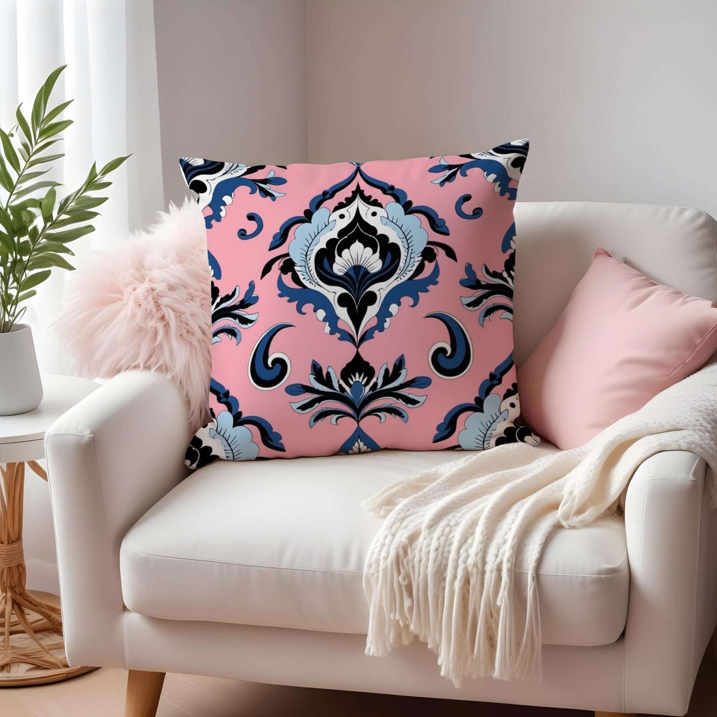 Pink and Navy Damask Floral Print Pillow