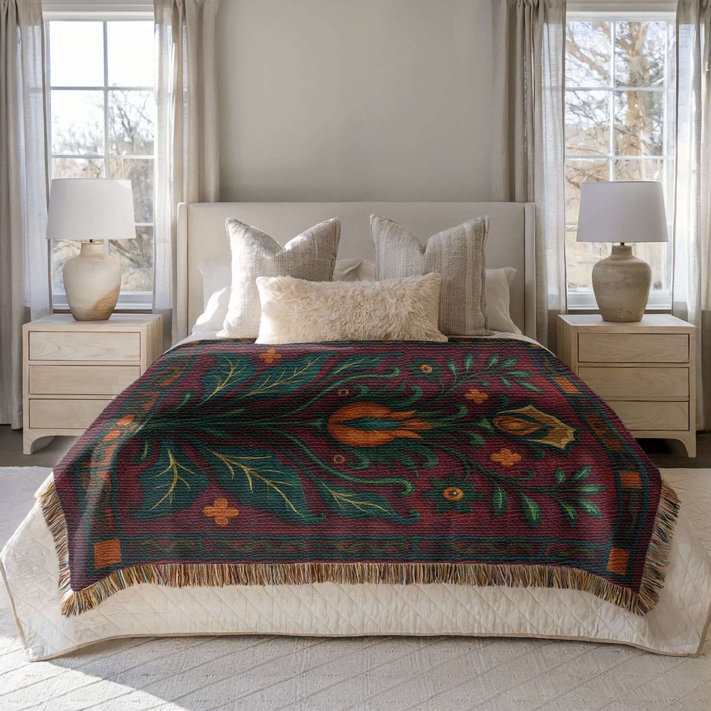 Plum and Teal Floral Art Deco Inspired Woven Blanket Tapestry