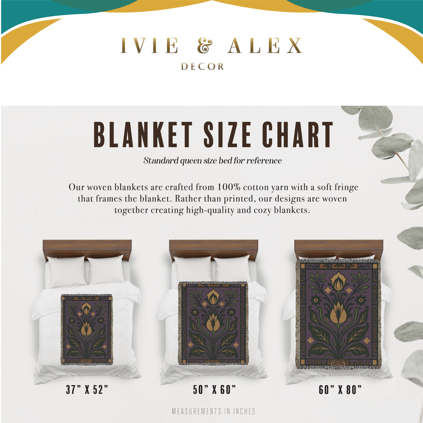 Purple Floral Art Deco Inspired Woven Blanket Tapestry Size Chart.