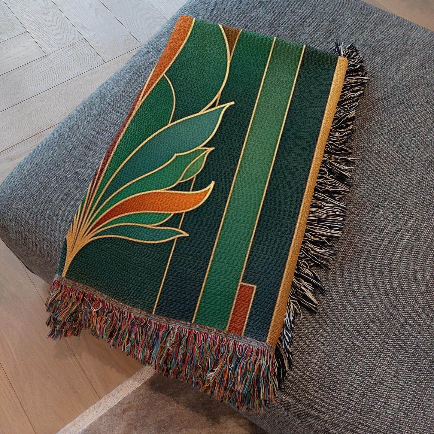 Teal and Bronze Art Deco Design Woven Blanket Tapestry