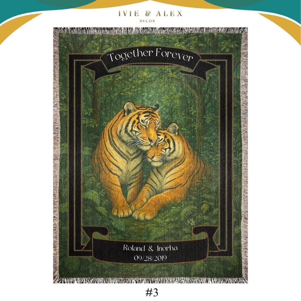 Personalized Tigers Couples Blanket featuring “Together forever” in white text.