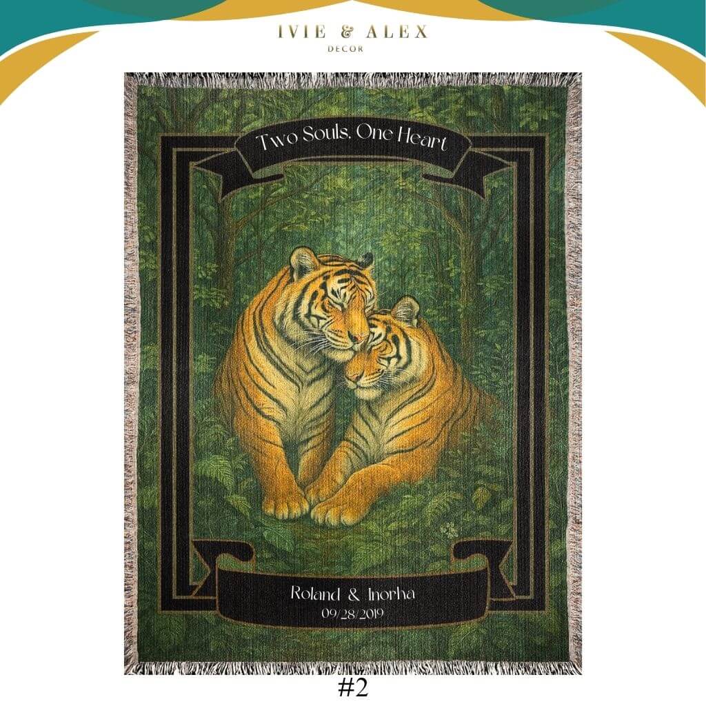 Personalized Tigers Couples Blanket featuring “Two souls, one heart” in white text.