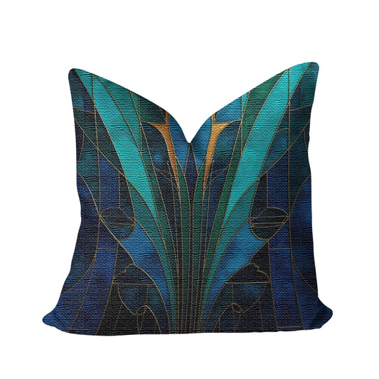 Blue And Teal Art Deco Woven Pillow against a white background