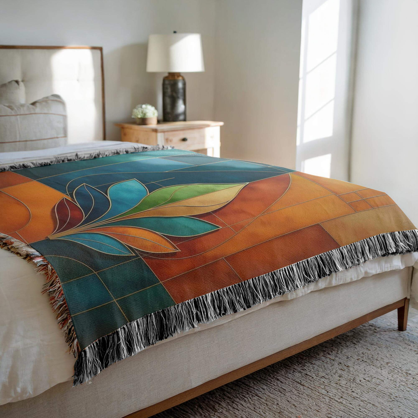 Multicolor Abstract Flower Woven Blanket Tapestry draped on a bed.