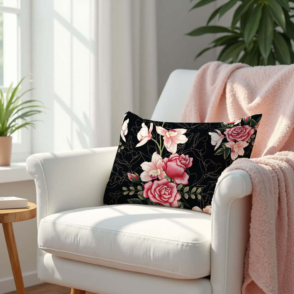 Floral Rose Pink and Black Lumbar Pillow on a white armchair with a pink blanket.