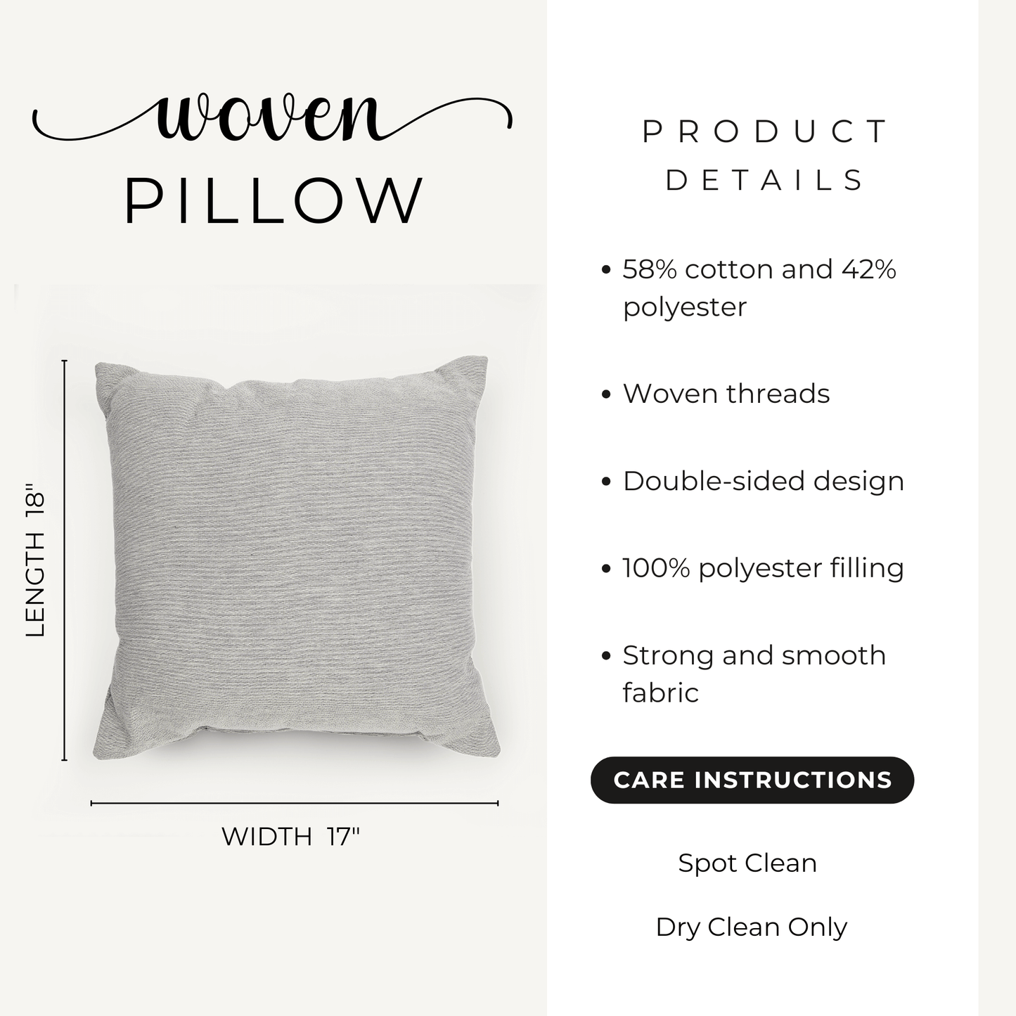 Woven pillow with product details on a white background