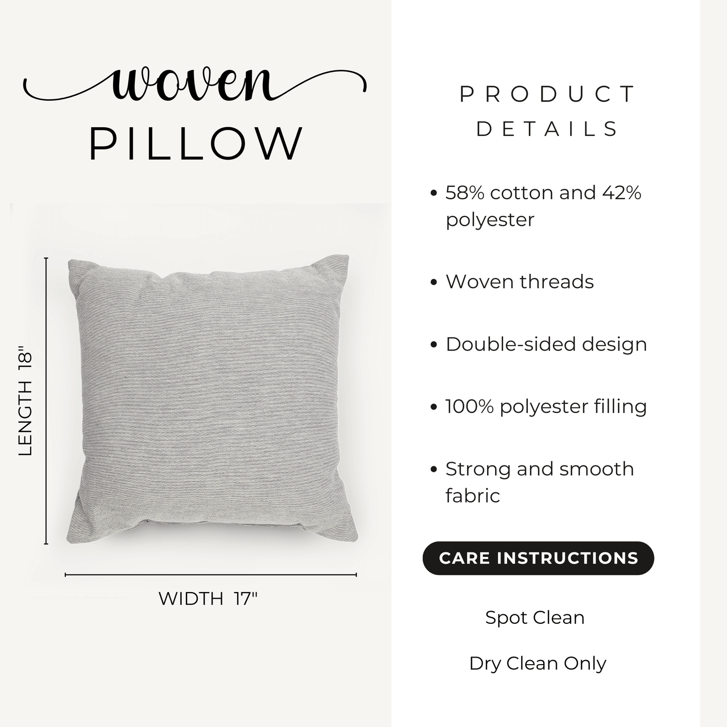 Gray woven pillow with product details on a white background in reference to Navy White Damask Woven Pillow