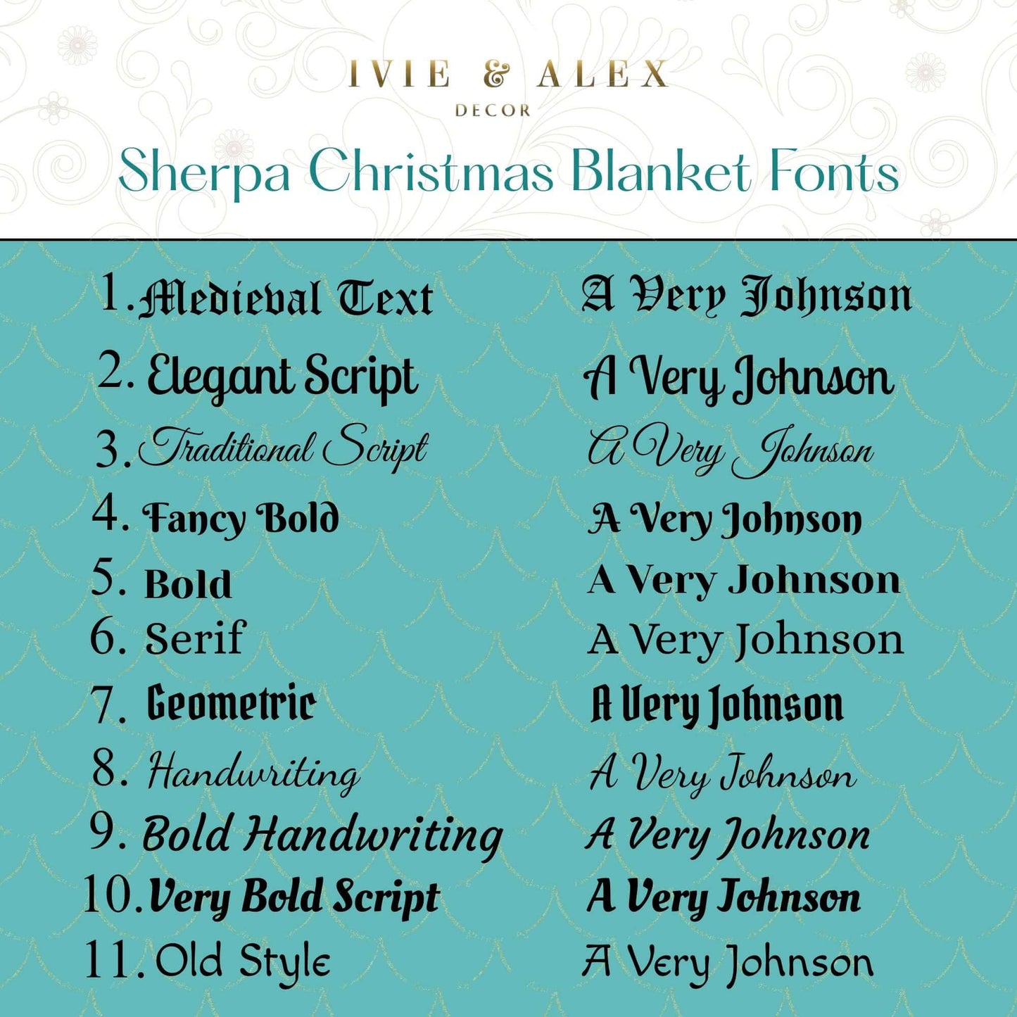 Available fonts for the Personalized Silent Night Christmas Blanket