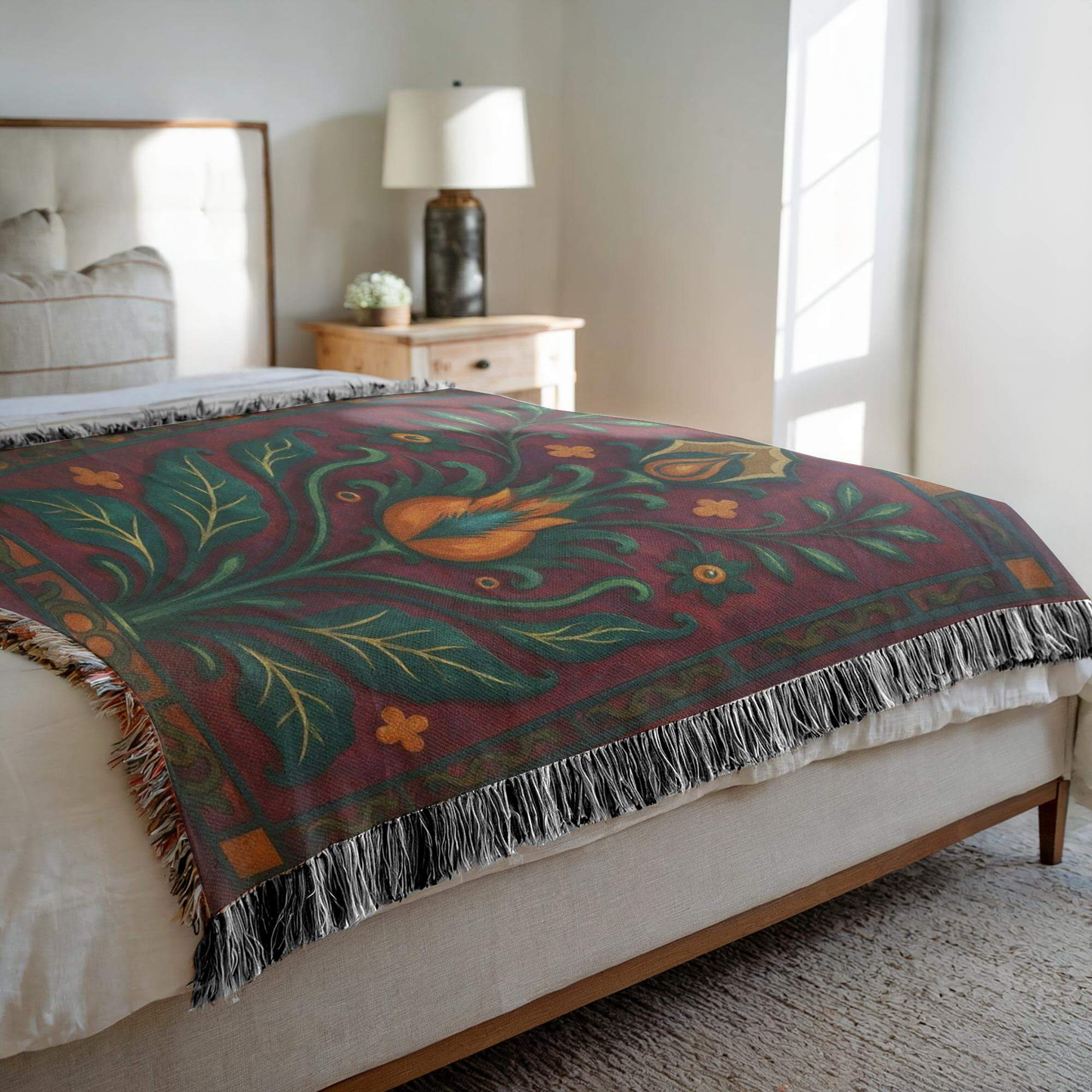 Plum and Teal Floral Art Deco Inspired Woven Blanket Tapestry