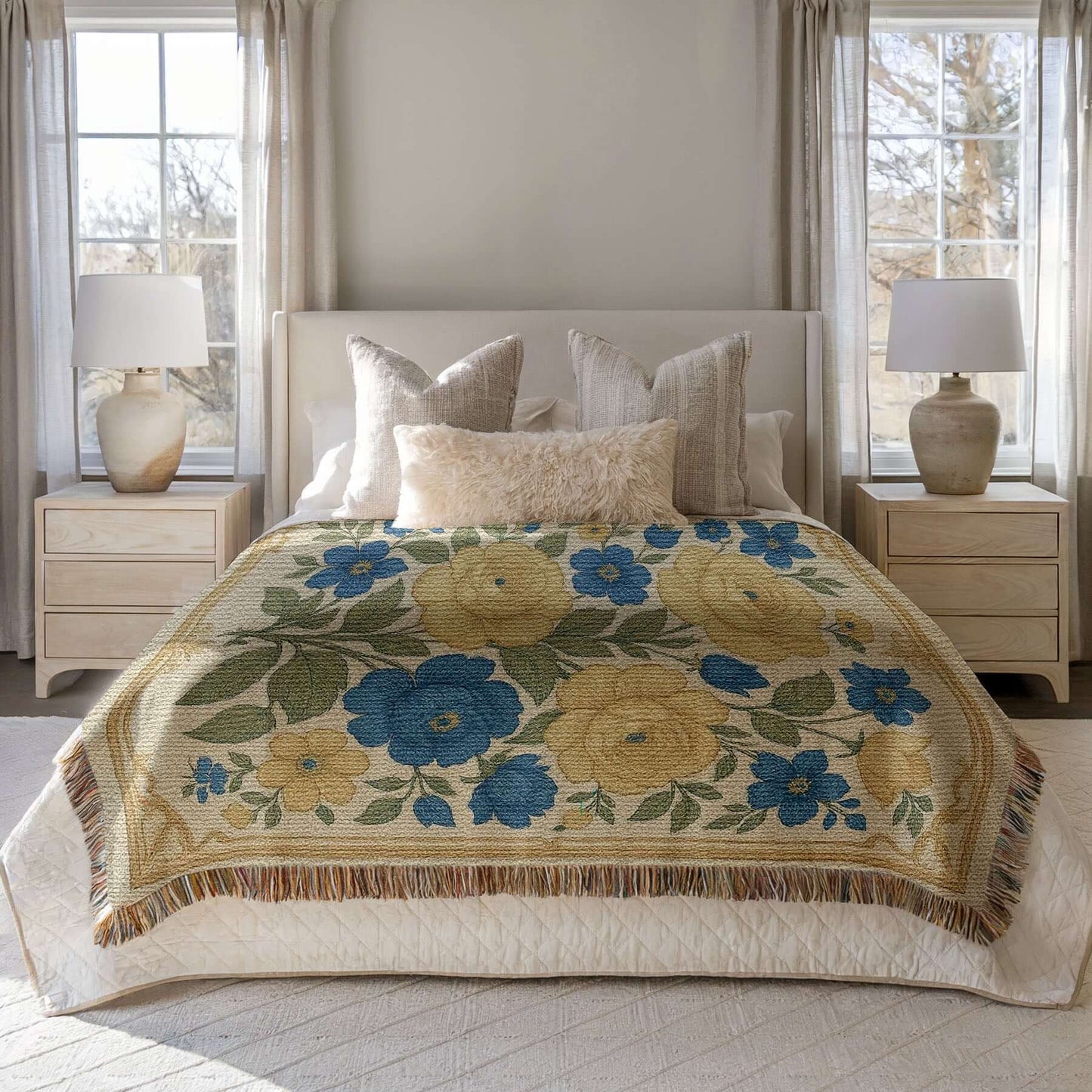 Yellow and Blue Floral Woven Blanket Tapestry