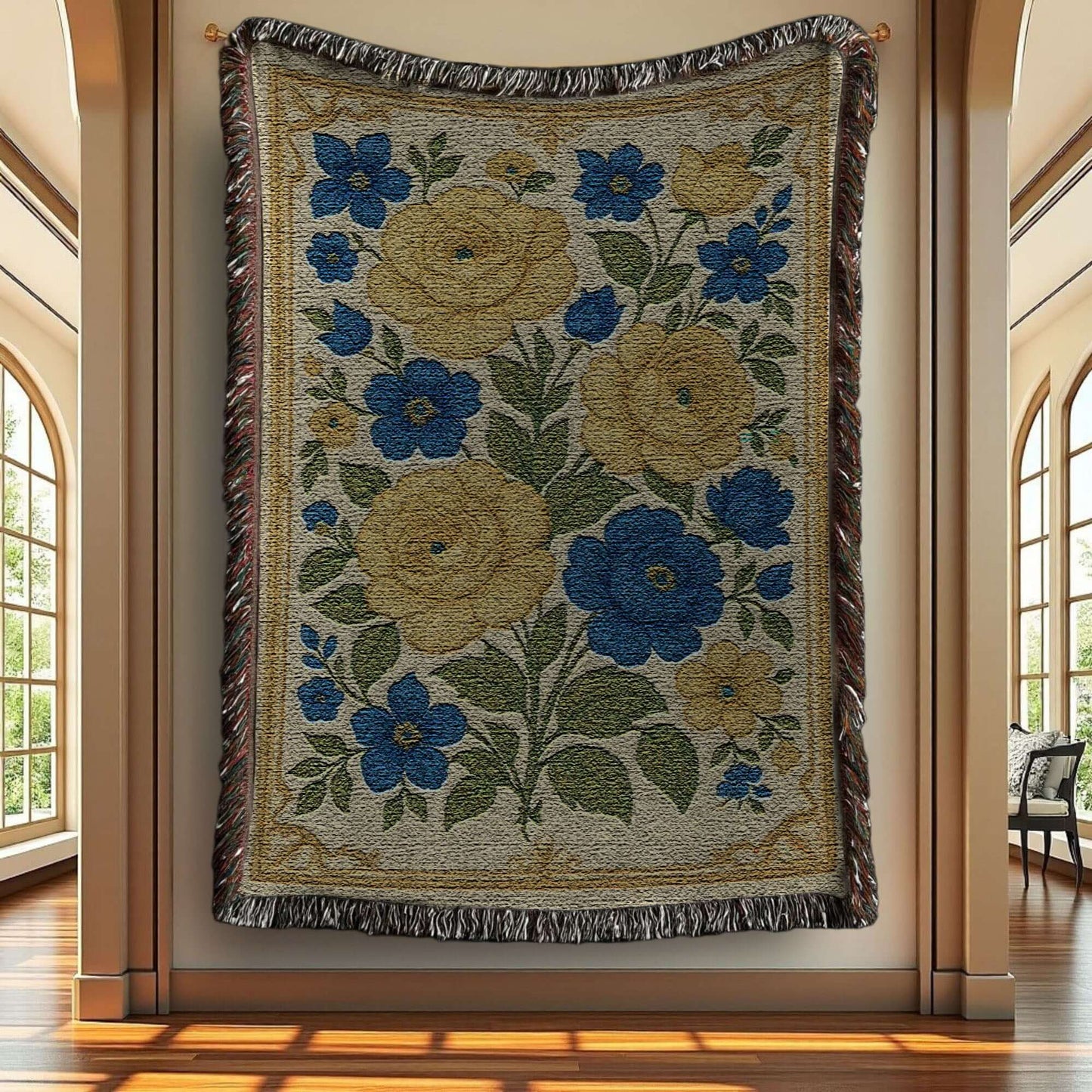 Yellow and Blue Floral Woven Blanket Tapestry