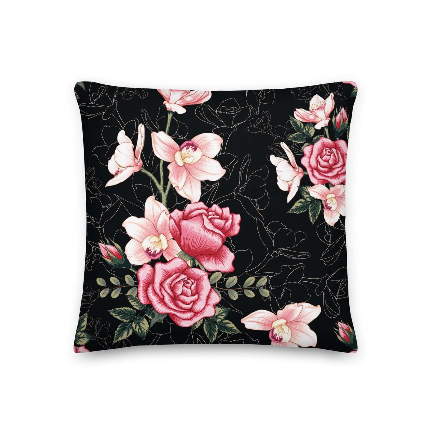 Floral Rose Pink and Black Pillow against a white background.