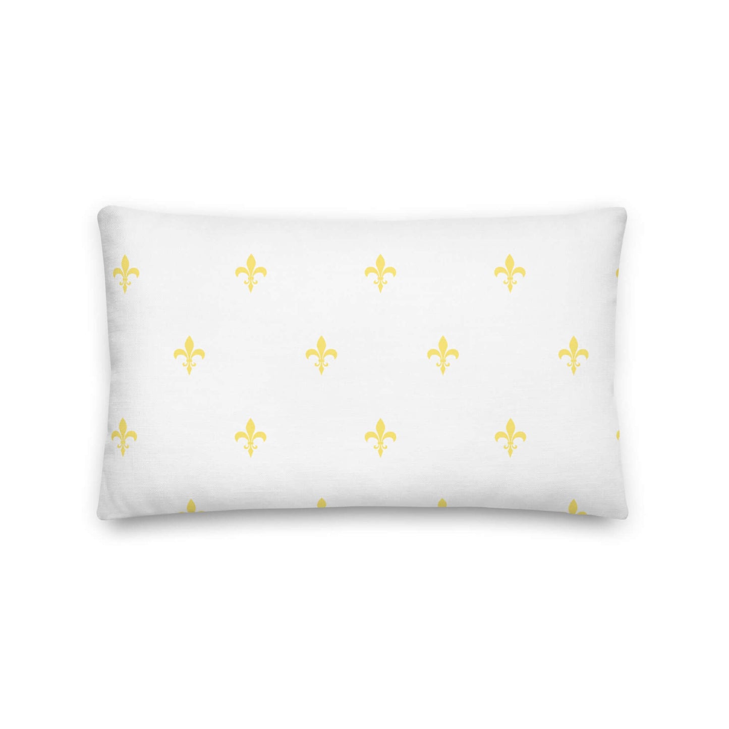 Fleur De Lis Pillow in Yellow and White featuring a classic pattern on a bright white background.