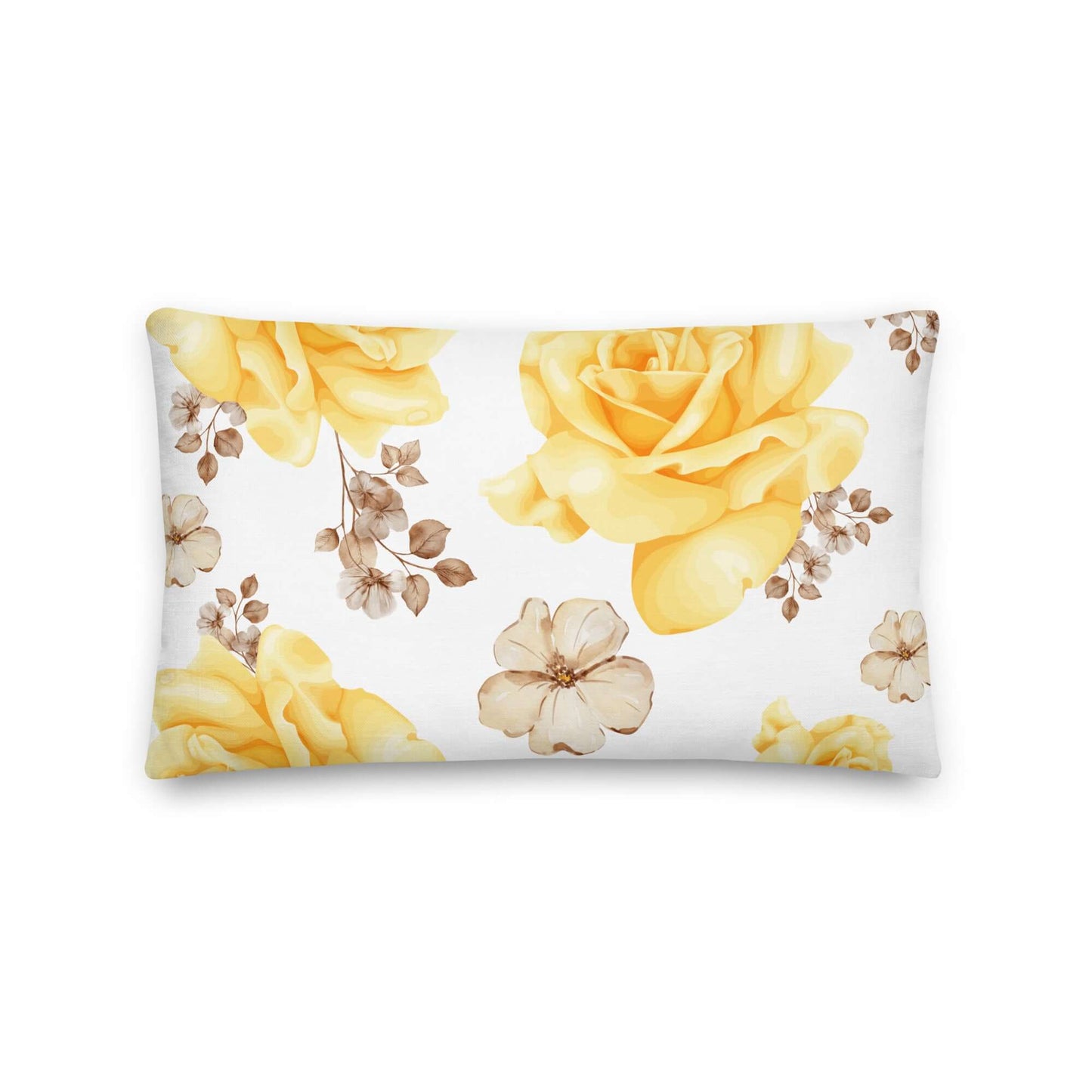 Yellow Tan and White Floral Pillow with beautiful rose designs, perfect for spring and summer home decor.