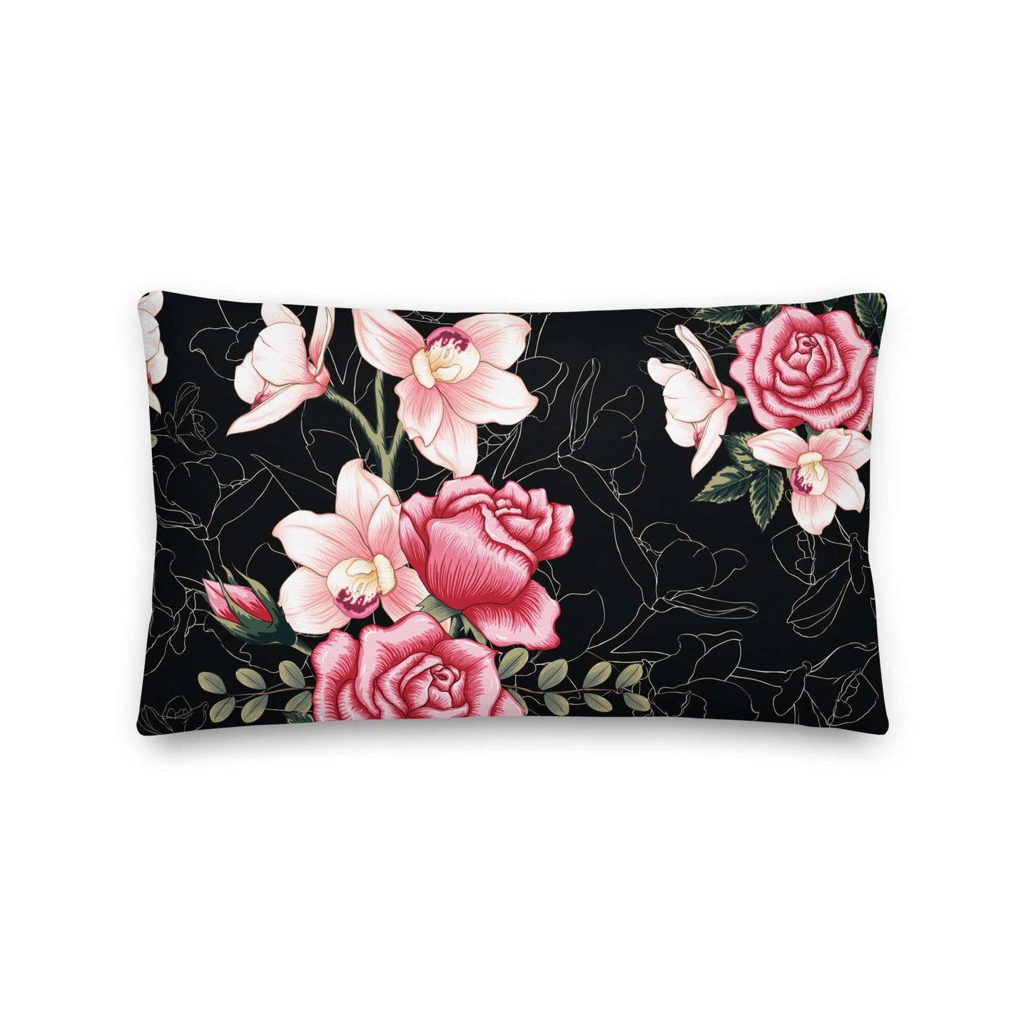 Floral Rose Pink and Black Lumbar Pillow against a white background.