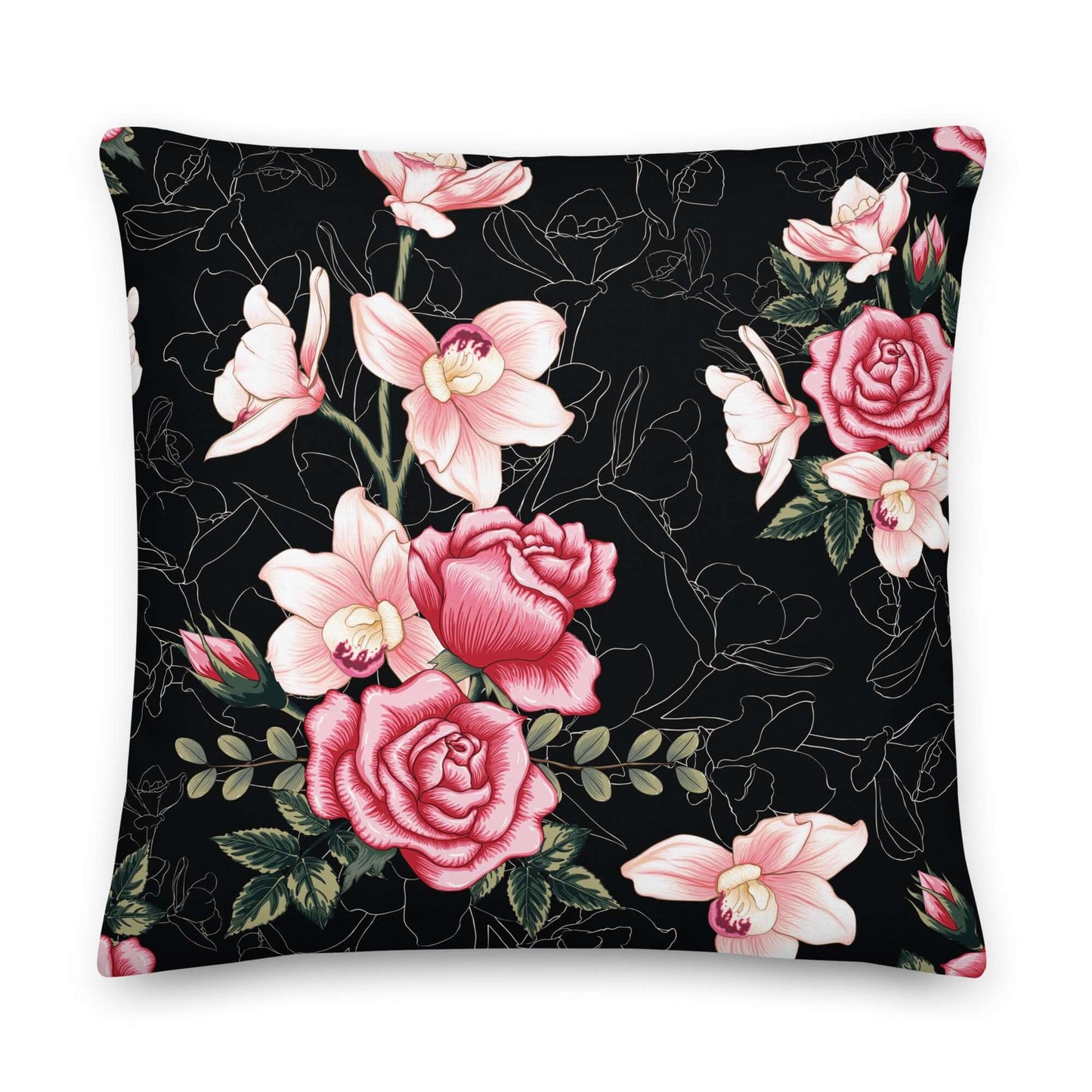 Floral Rose Pink and Black Pillow against a white background.