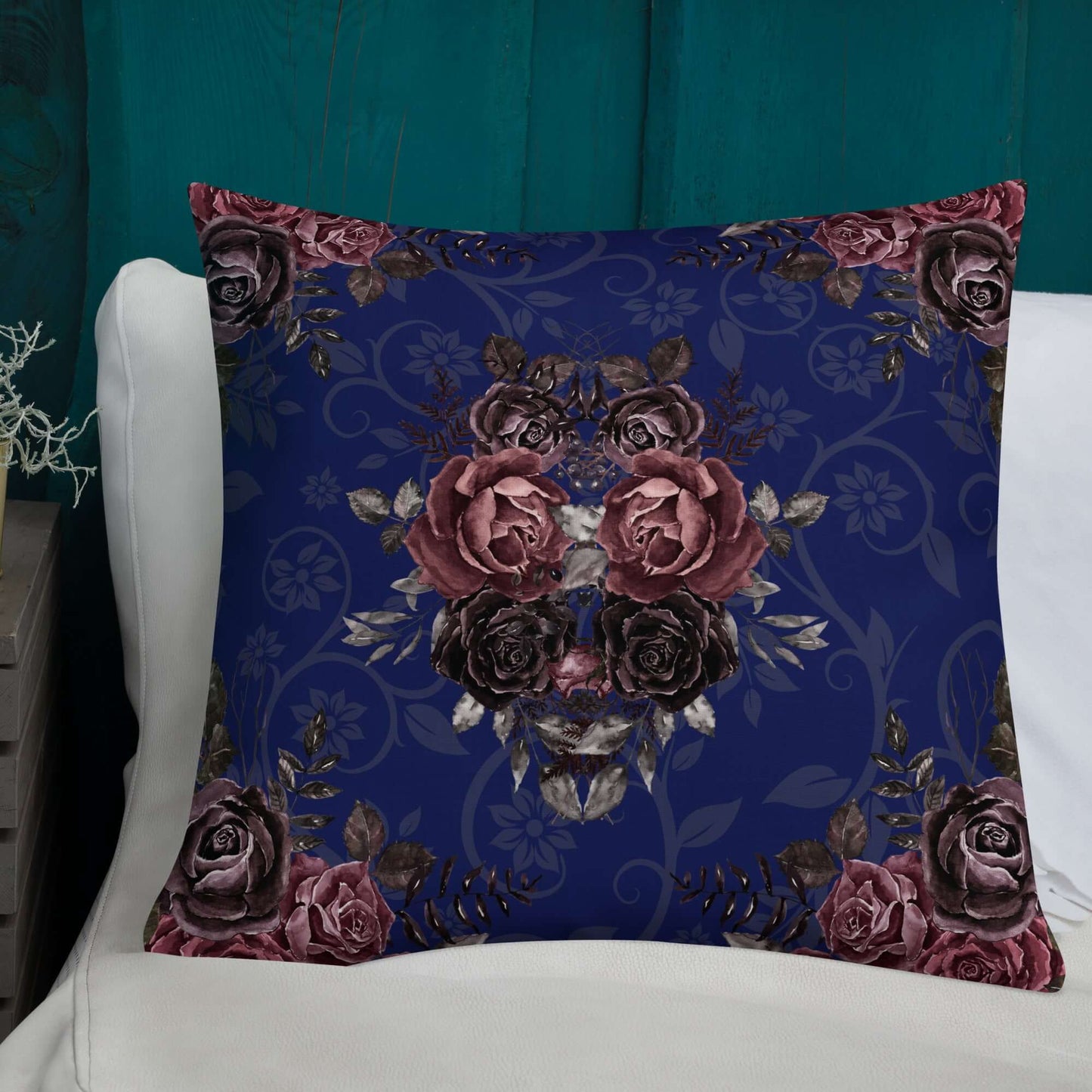 Floral Damask Pillow in Navy Blue on white bedding.