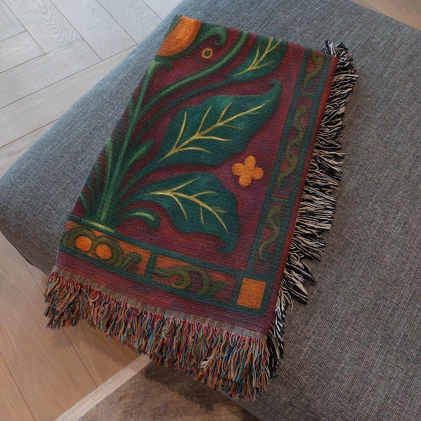 Plum and Teal Floral Art Deco Inspired Woven Blanket Tapestry