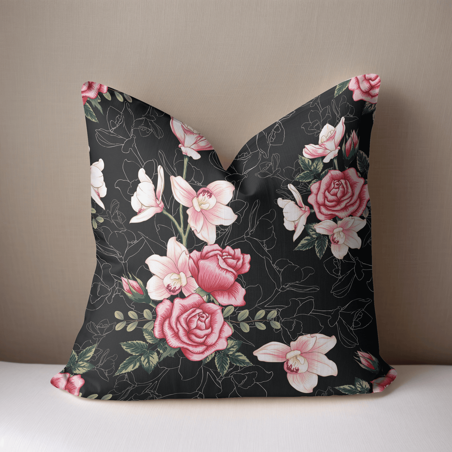 Floral Rose Pink and Black Pillow