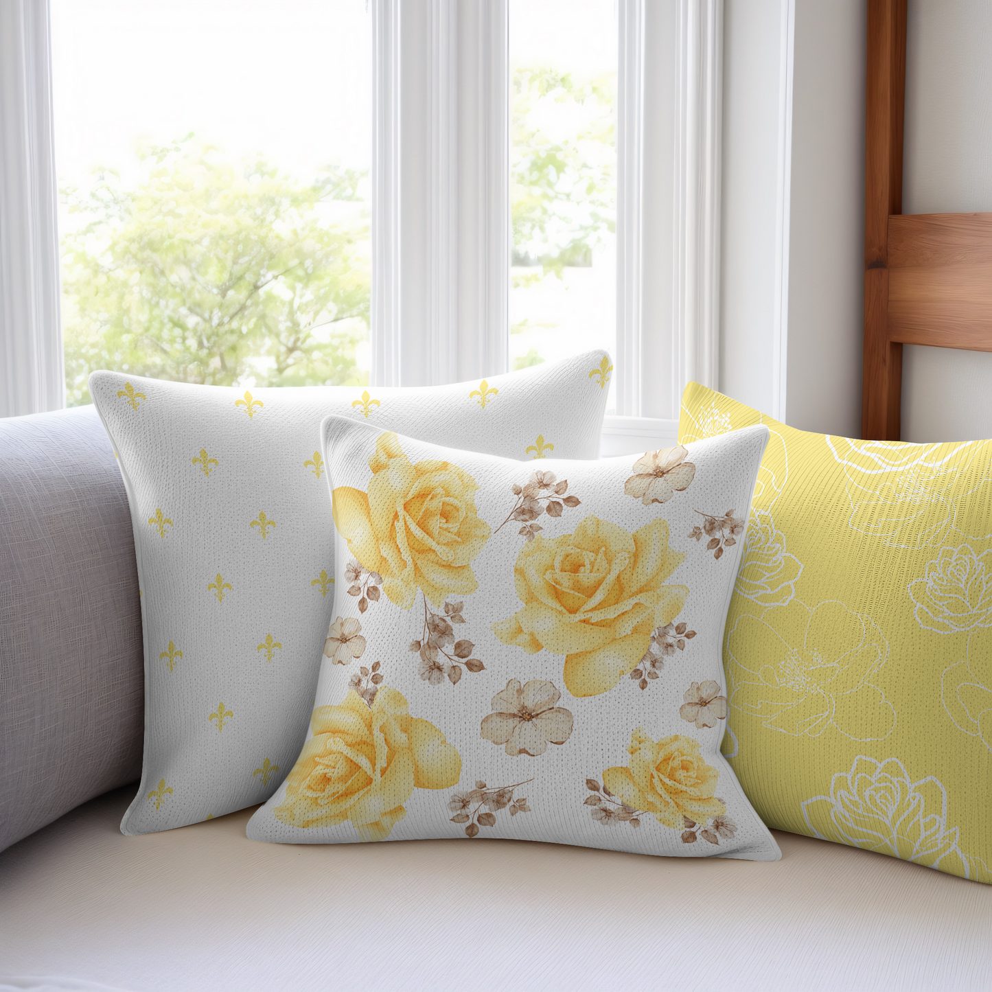 Three yellow and white pillows on a white sofa.