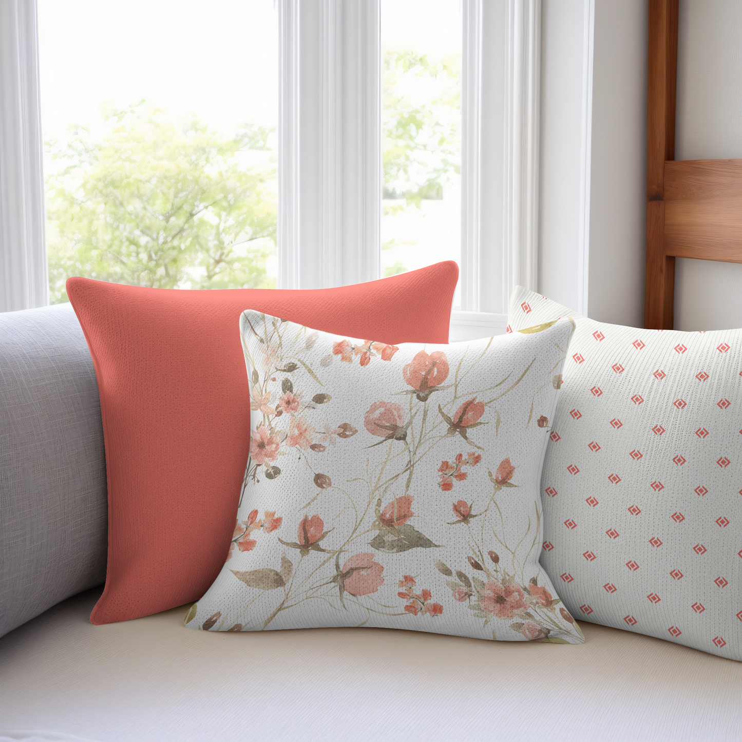 Three Coral and White Pillows on a white sofa.
