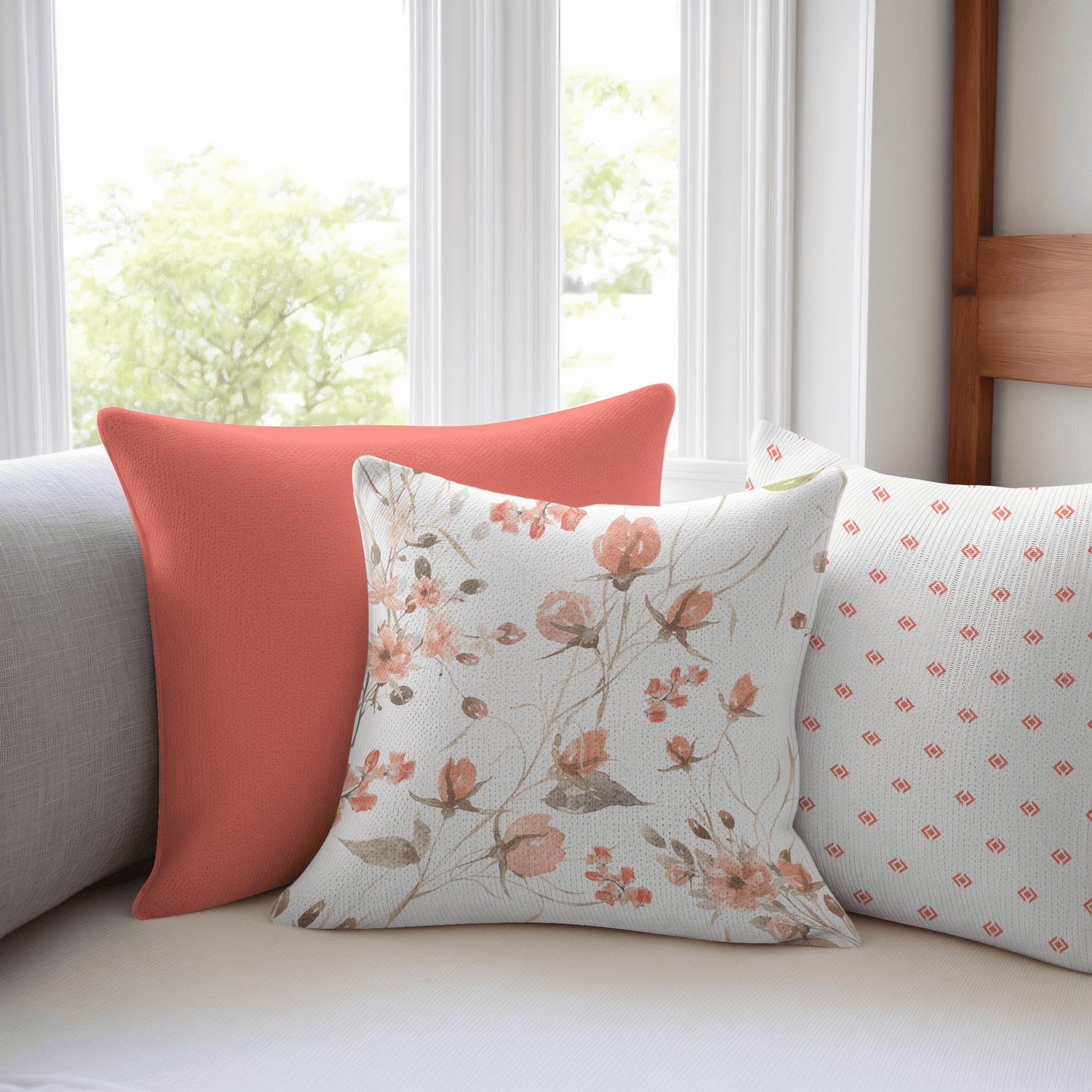Coral and White Geometric Print Pillow and two other accent pillows on a cozy sofa, complementing coral and patterned pillows.