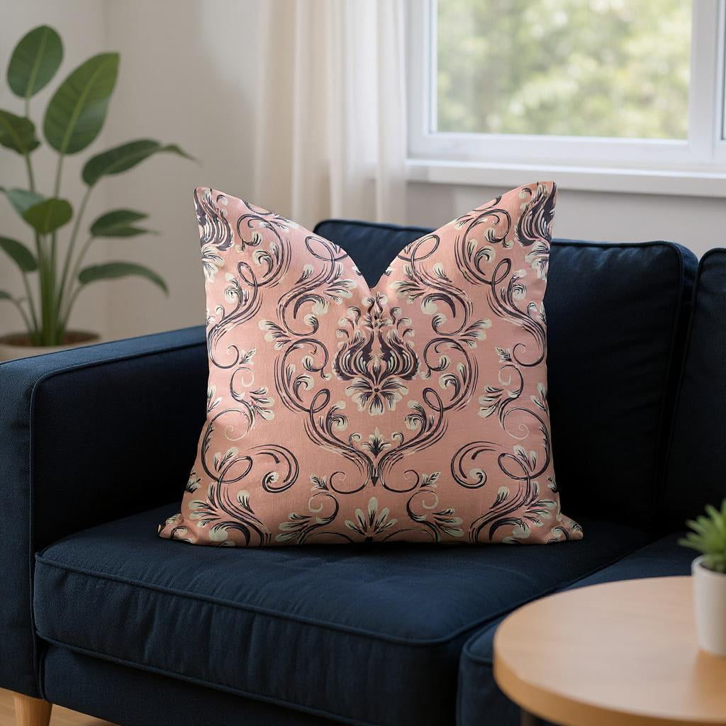 Pink And Navy Floral Damask Woven Pillow