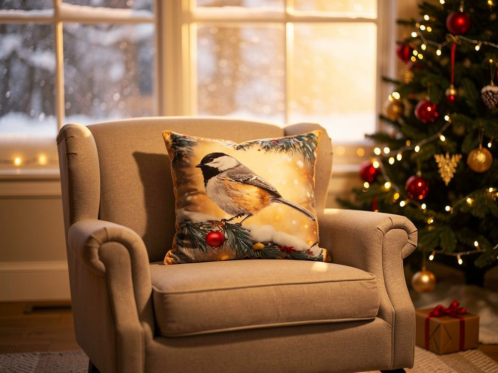 Mountain Chickadee Velvet Pillow Cover on a beige armchair in a cozy living room with dim lights and snow outside the nearby window