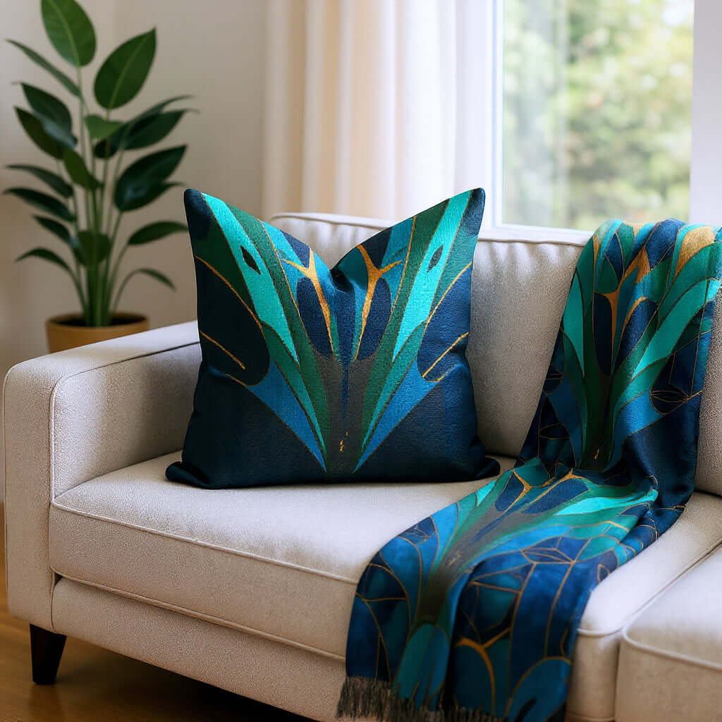 Blue And Teal Art Deco Woven Pillow and matching blanket with blue and green patterns on a beige sofa.