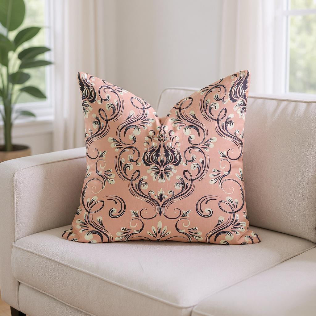 Pink And Navy Floral Damask Woven Pillow