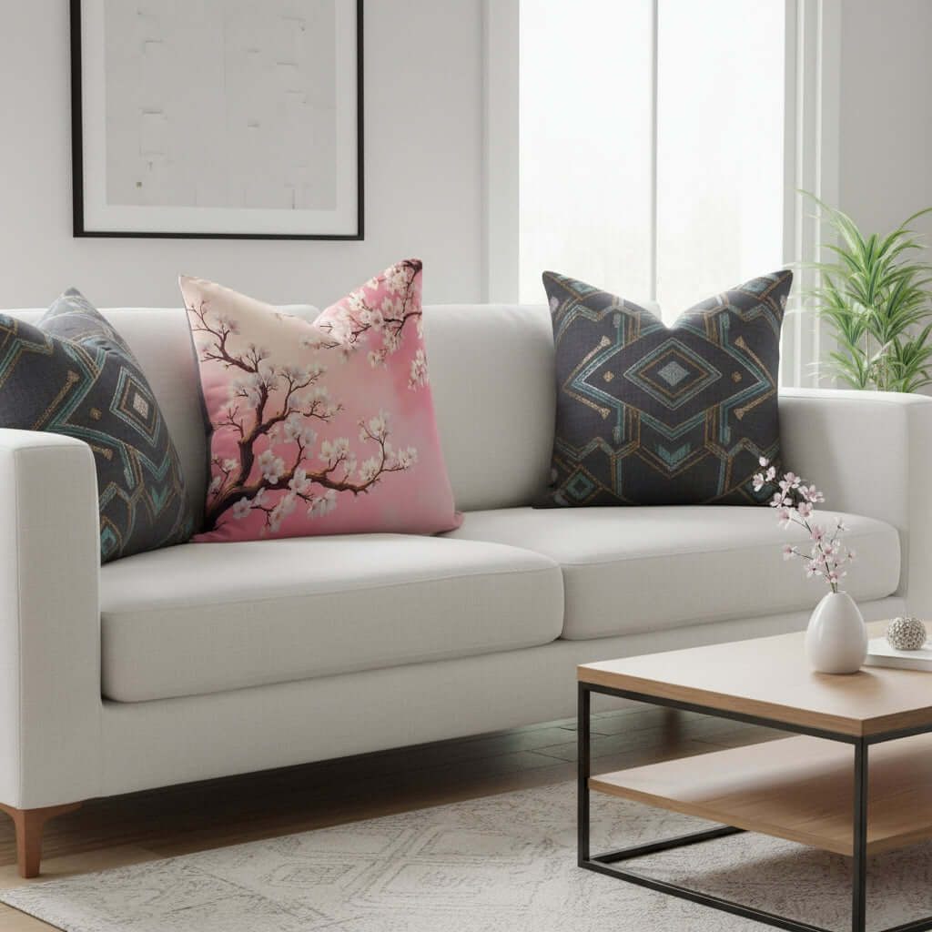 Pink Almond Blossom Woven Pillow with two gray pillows on a white sofa in a modern living room.