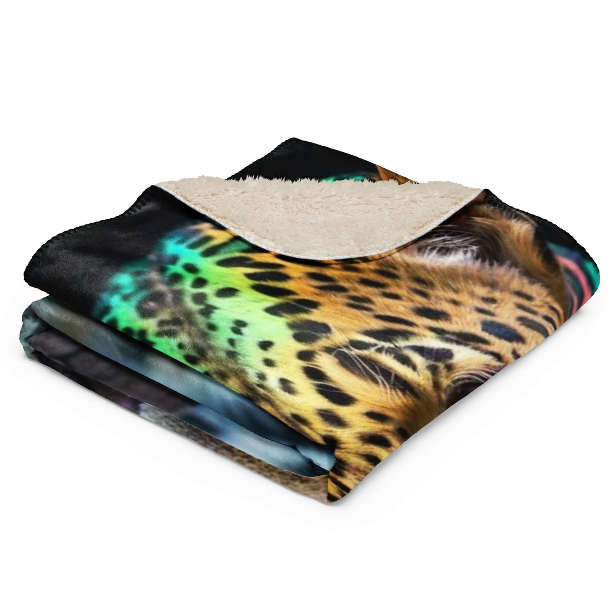 Folded Neon Cheetah Printed Sherpa Blanket against a white background