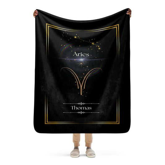 person holding up the Personalized Aries Zodiac Sign Sherpa Blanket