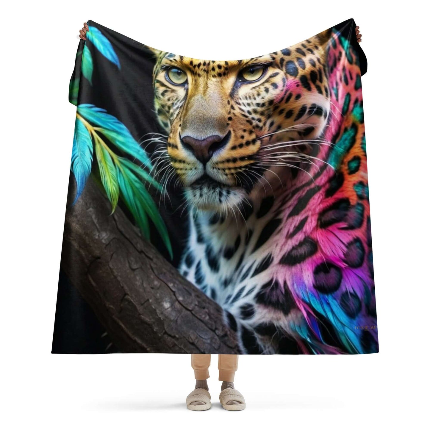 person holding up the large Neon Cheetah Printed Sherpa Blanket