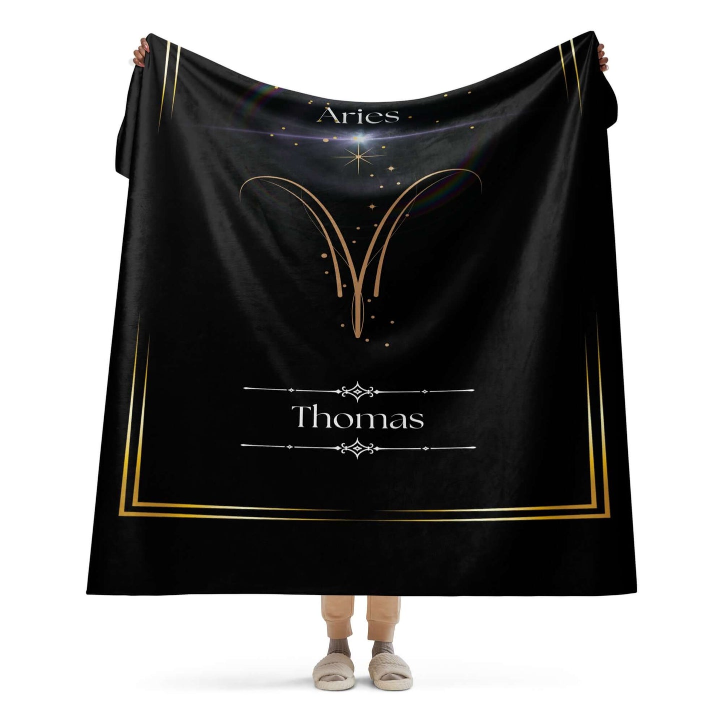 a person holding up a large size of the Personalized Aries Zodiac Sign Sherpa Blanket