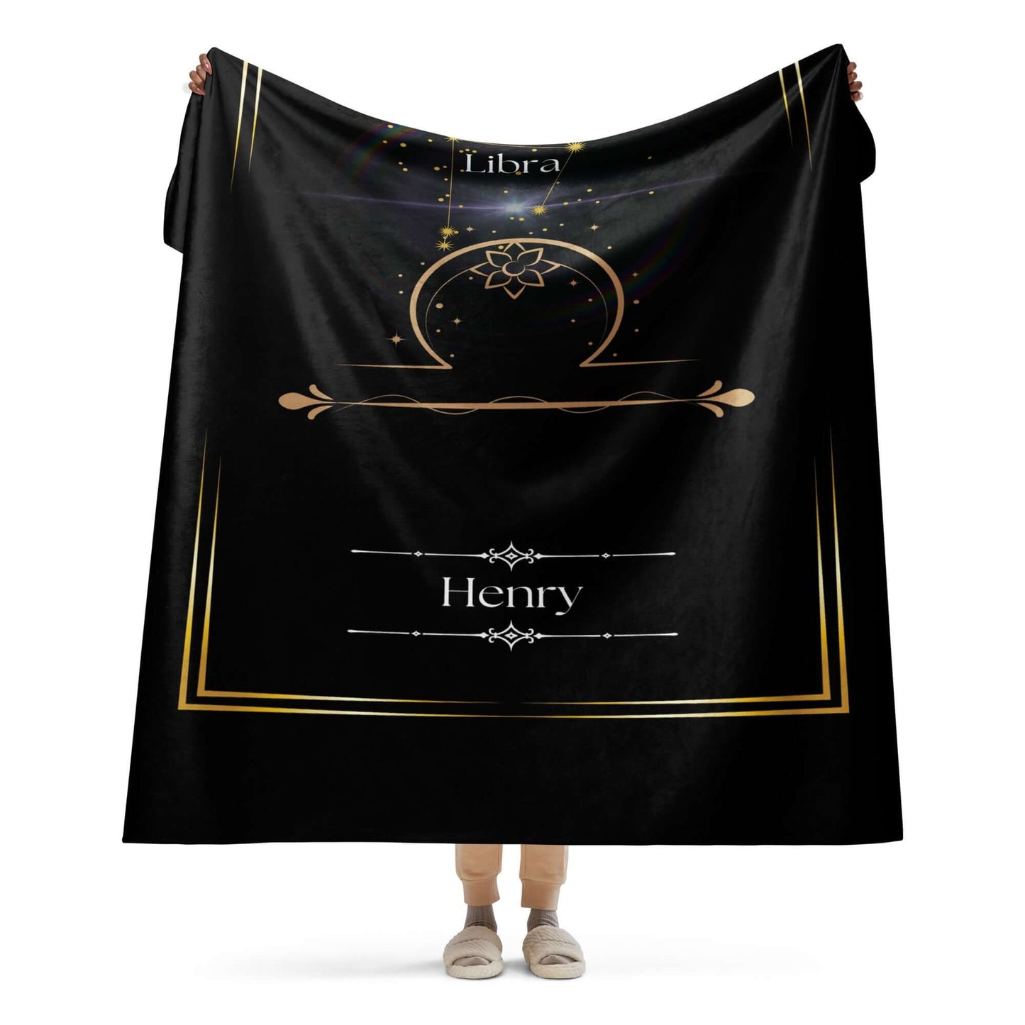 A person holding up the large version of the Personalized Libra Zodiac Sign Sherpa Blanket