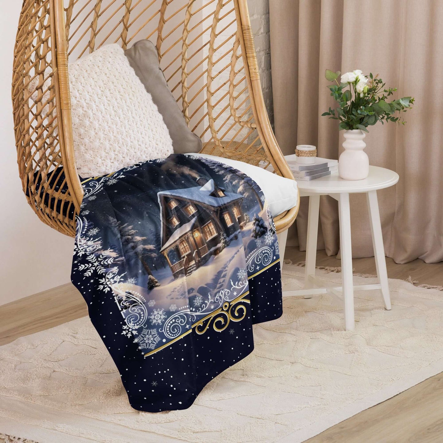 The Personalized Silent Night Christmas Blanket draped over a hammock chair