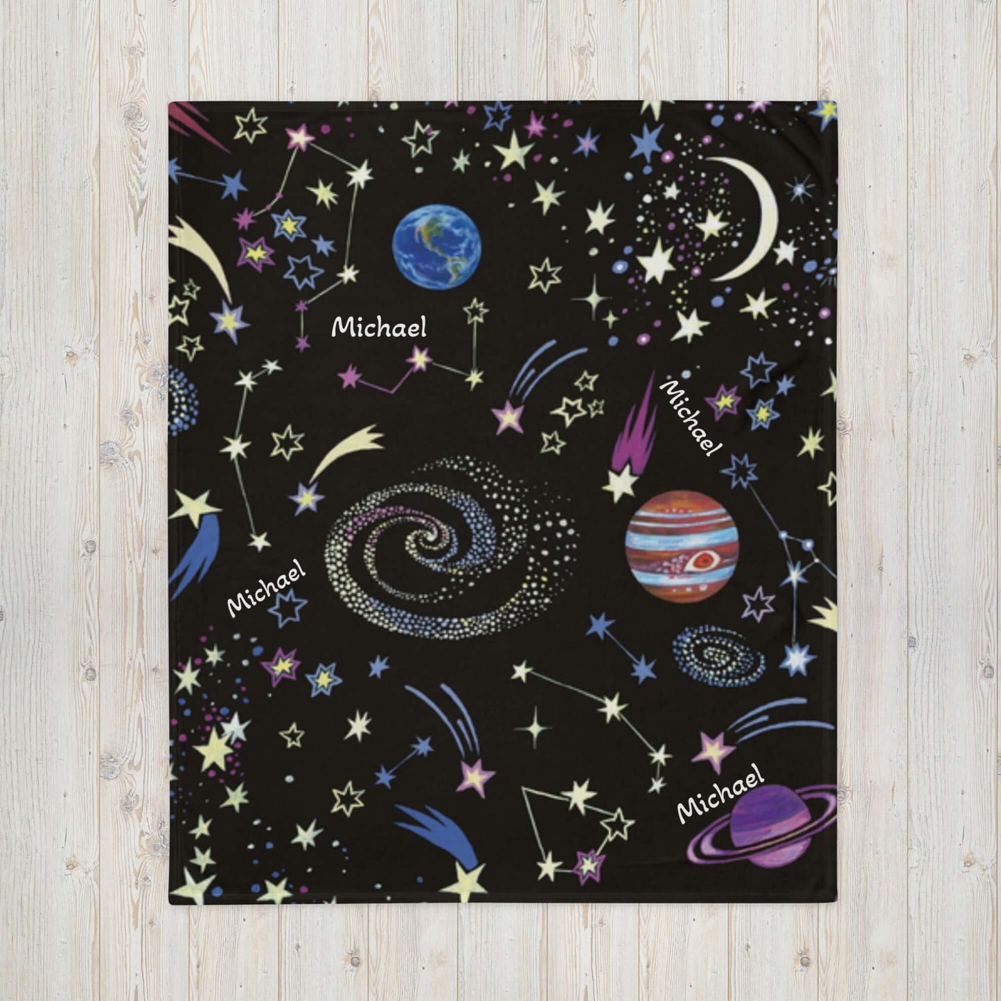 Personalized Planets Throw Blanket for Kids against a white background