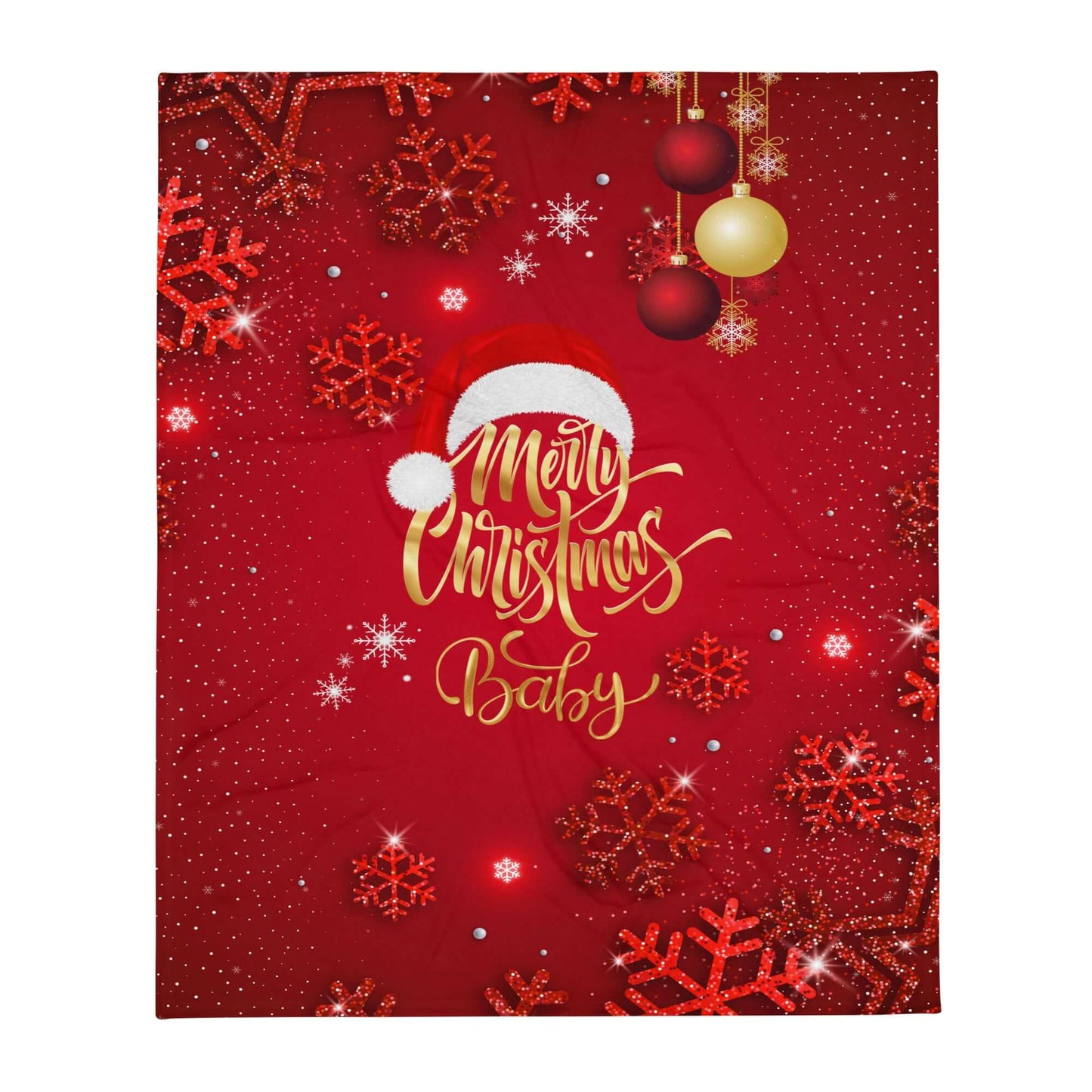 Red and Gold Cheerful Christmas Throw Blanket with Merry Christmas Baby design and festive decorations.